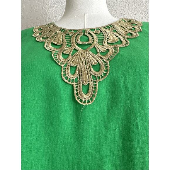 Linen Cocktail Formal Dress Midi Green Gold Embroidered Size 14 Zipper Back Rare - Picture 6 of 14